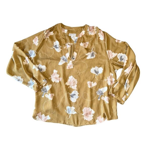 Mustard Yellow Ava & Viv 2x Women's Long Sleeve V Neck Blouse - Picture 1 of 8